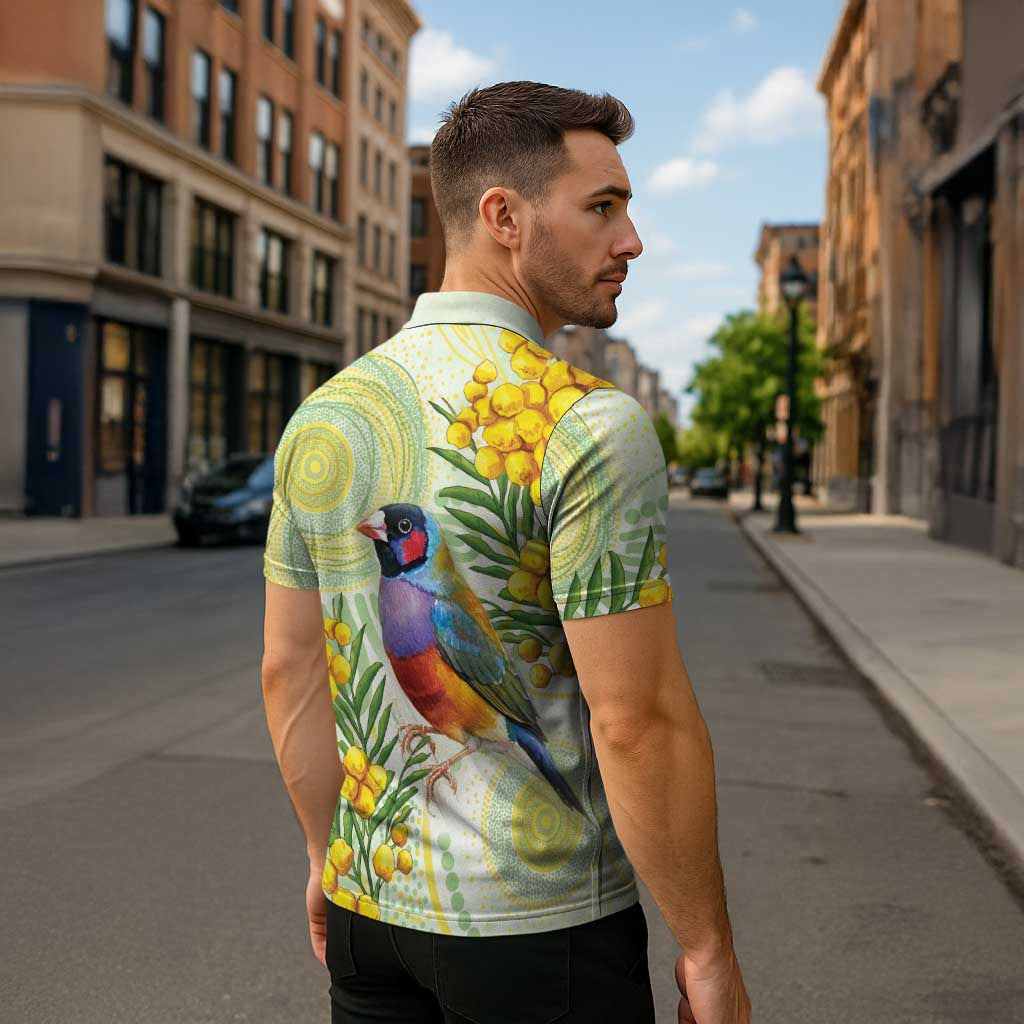 Gouldian Finch Golden Wattle Australia Zipper Polo Shirt Aboriginal Watercolor Style - Aussie Hoodie