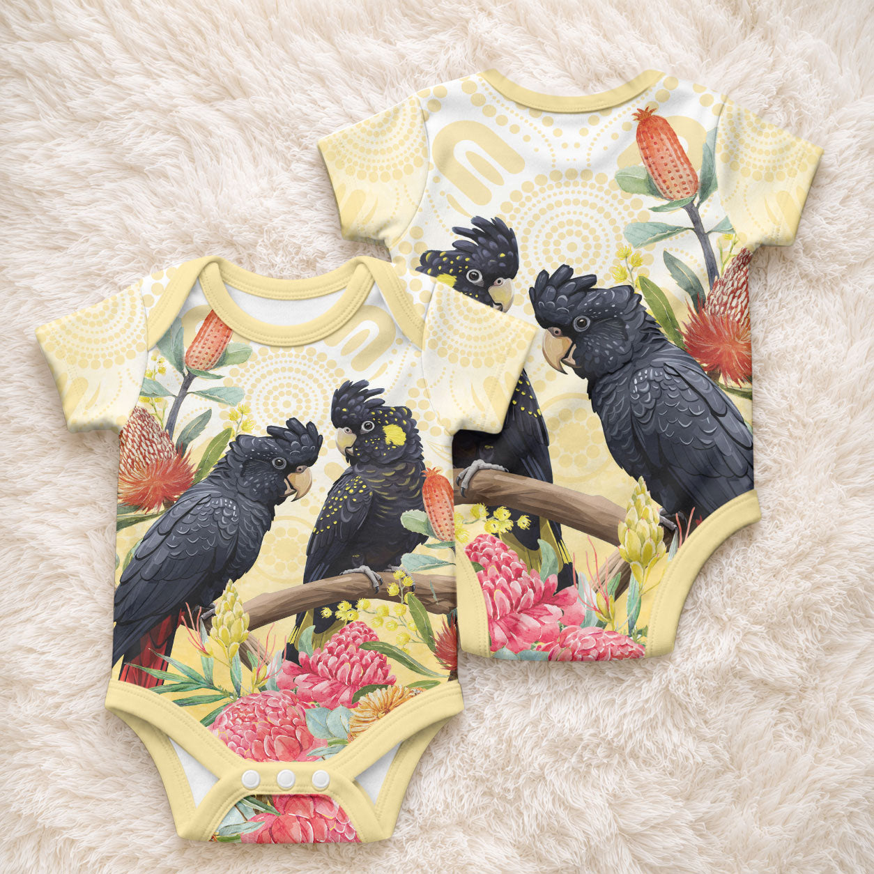 Black Cockatoo Banksia Australia Baby Onesie Aboriginal Art
