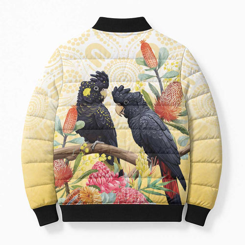 Black Cockatoo Banksia Australia Bomber Puffer Jacket Aboriginal Art - Aussie Hoodie