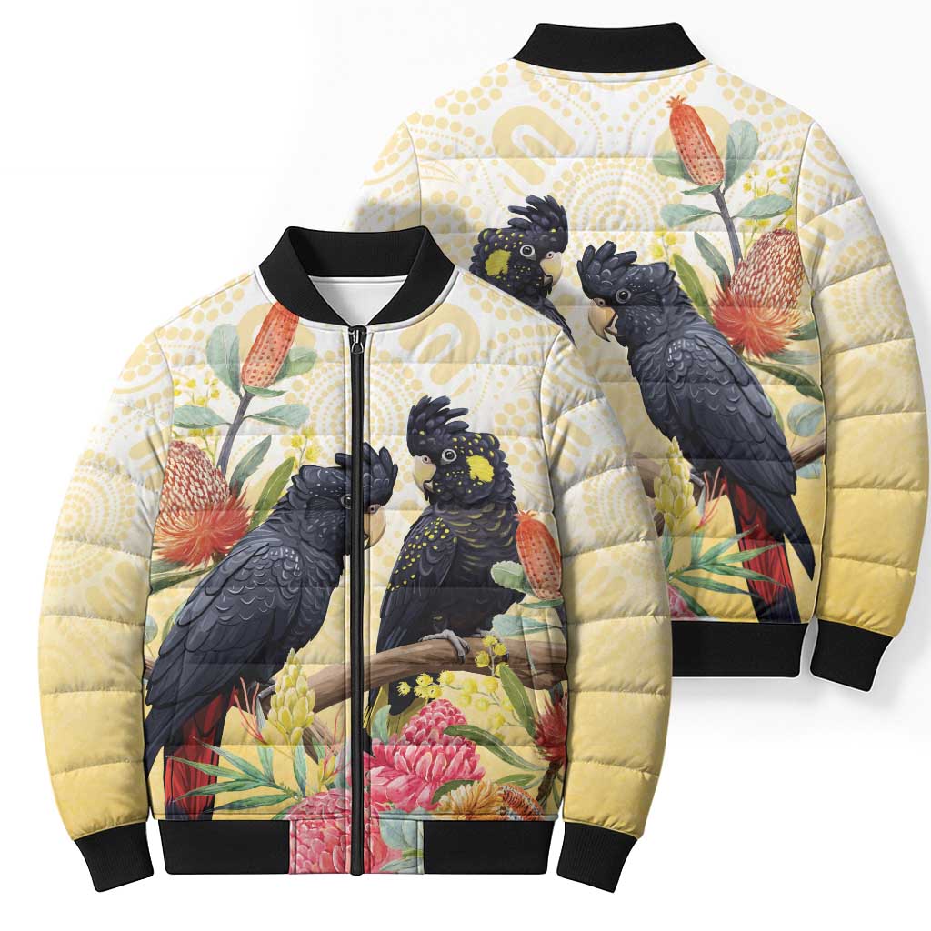 Black Cockatoo Banksia Australia Bomber Puffer Jacket Aboriginal Art - Aussie Hoodie
