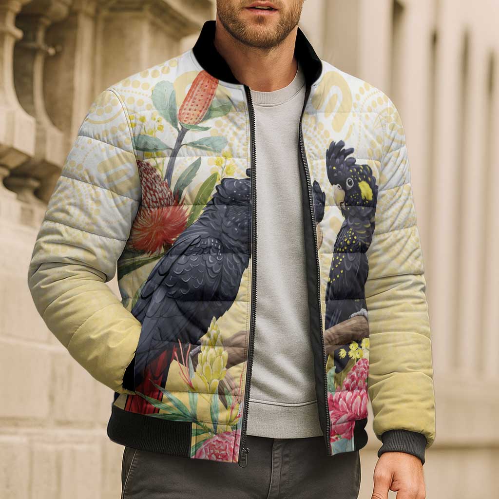 Black Cockatoo Banksia Australia Bomber Puffer Jacket Aboriginal Art - Aussie Hoodie