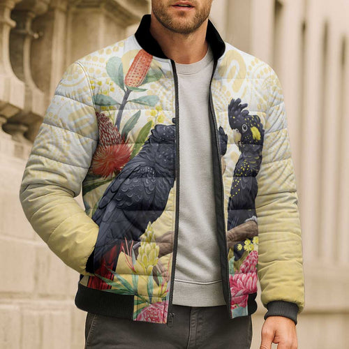 Black Cockatoo Banksia Australia Bomber Puffer Jacket Aboriginal Art - Aussie Hoodie
