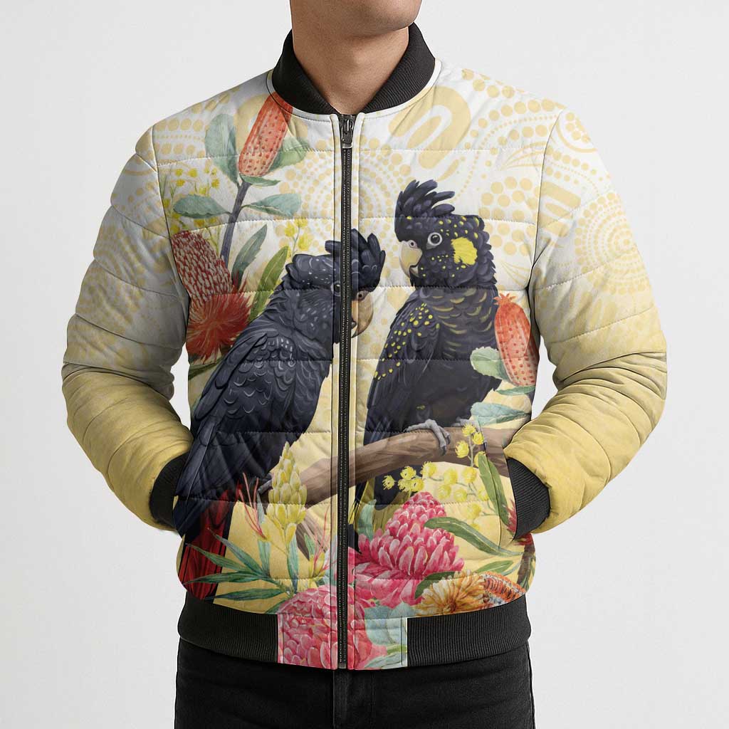 Black Cockatoo Banksia Australia Bomber Puffer Jacket Aboriginal Art - Aussie Hoodie