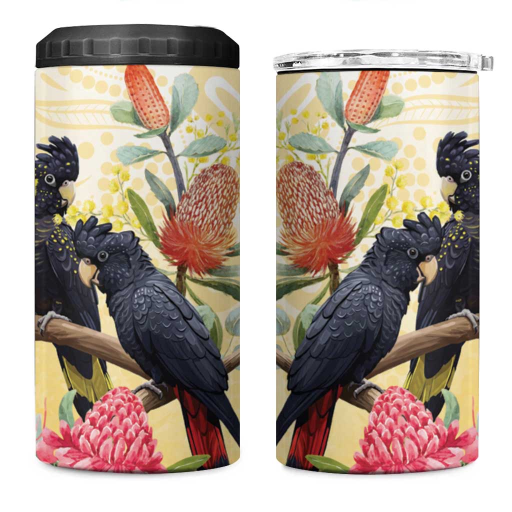 Black Cockatoo Banksia Australia 4 in 1 Can Cooler Tumbler Aboriginal Art