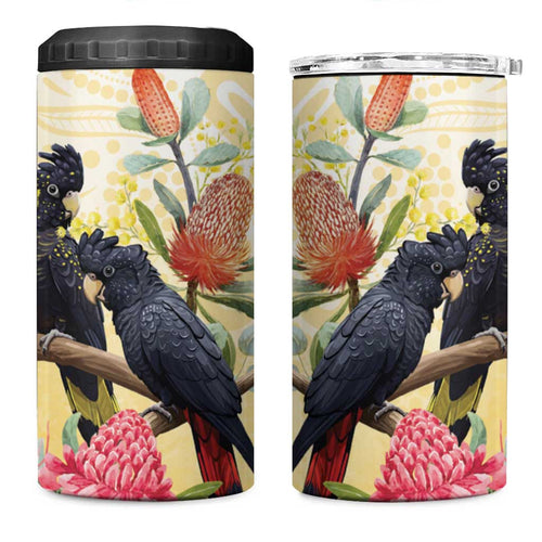 Black Cockatoo Banksia Australia 4 in 1 Can Cooler Tumbler Aboriginal Art