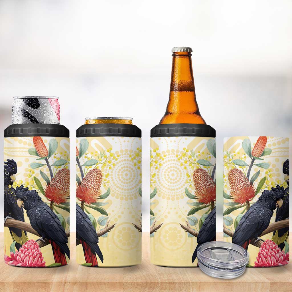 Black Cockatoo Banksia Australia 4 in 1 Can Cooler Tumbler Aboriginal Art