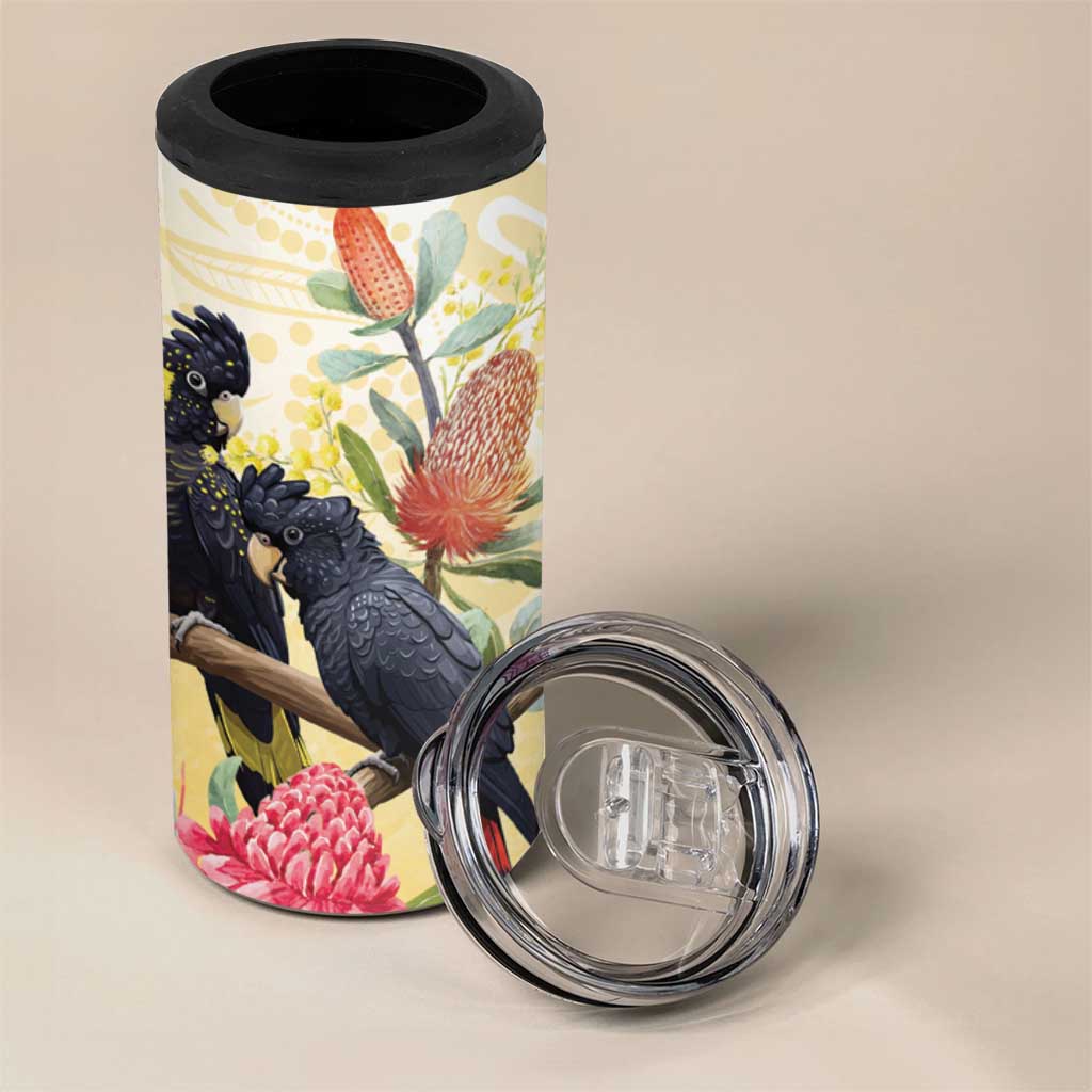 Black Cockatoo Banksia Australia 4 in 1 Can Cooler Tumbler Aboriginal Art