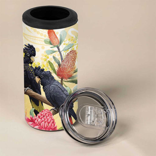 Black Cockatoo Banksia Australia 4 in 1 Can Cooler Tumbler Aboriginal Art