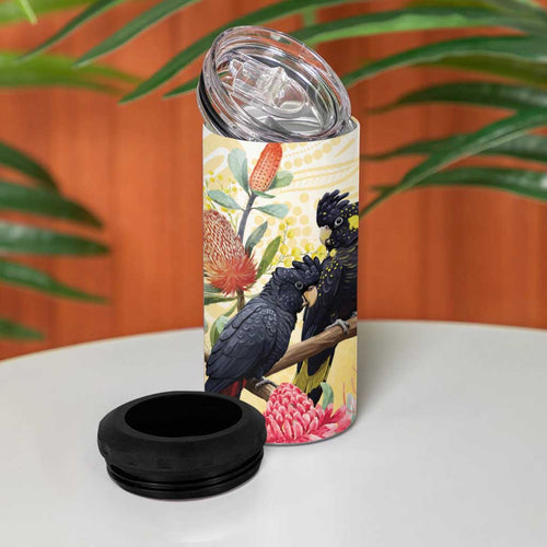 Black Cockatoo Banksia Australia 4 in 1 Can Cooler Tumbler Aboriginal Art