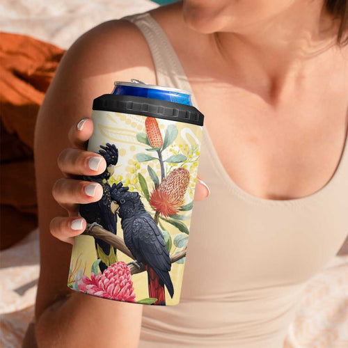 Black Cockatoo Banksia Australia 4 in 1 Can Cooler Tumbler Aboriginal Art
