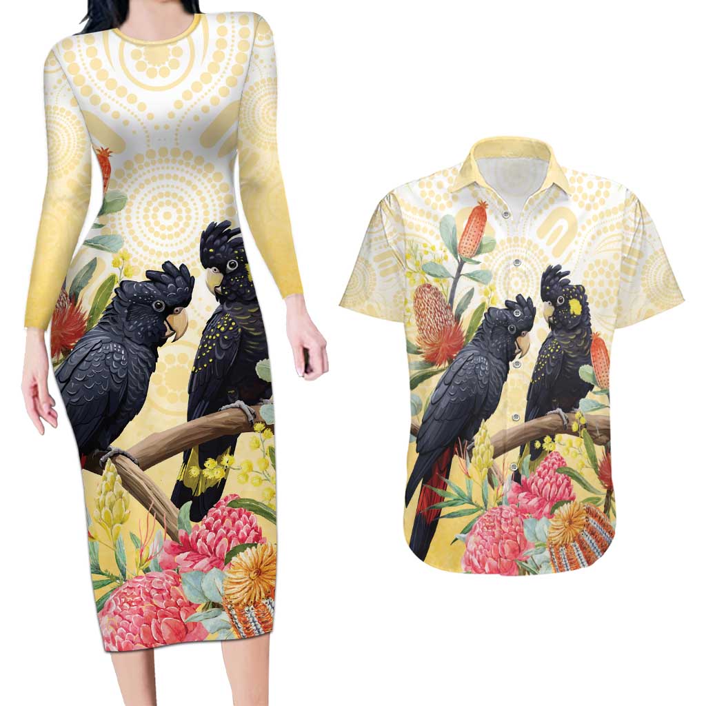 Black Cockatoo Banksia Australia Couples Matching Long Sleeve Bodycon Dress and Hawaiian Shirt Aboriginal Art