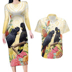 Black Cockatoo Banksia Australia Couples Matching Long Sleeve Bodycon Dress and Hawaiian Shirt Aboriginal Art