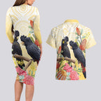 Black Cockatoo Banksia Australia Couples Matching Long Sleeve Bodycon Dress and Hawaiian Shirt Aboriginal Art