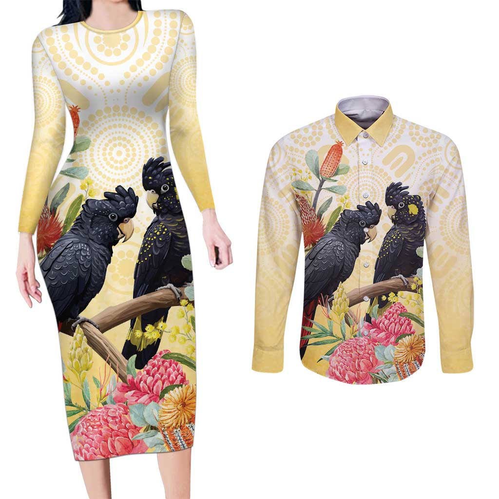 Black Cockatoo Banksia Australia Couples Matching Long Sleeve Bodycon Dress and Long Sleeve Button Shirt Aboriginal Art