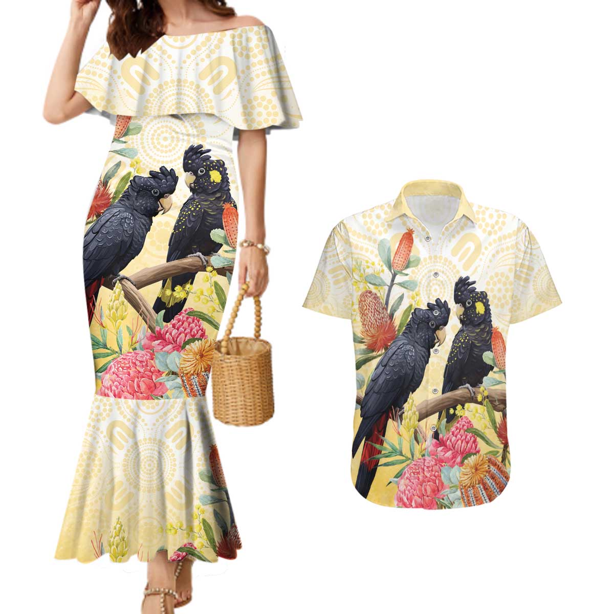 Black Cockatoo Banksia Australia Couples Matching Mermaid Dress and Hawaiian Shirt Aboriginal Art