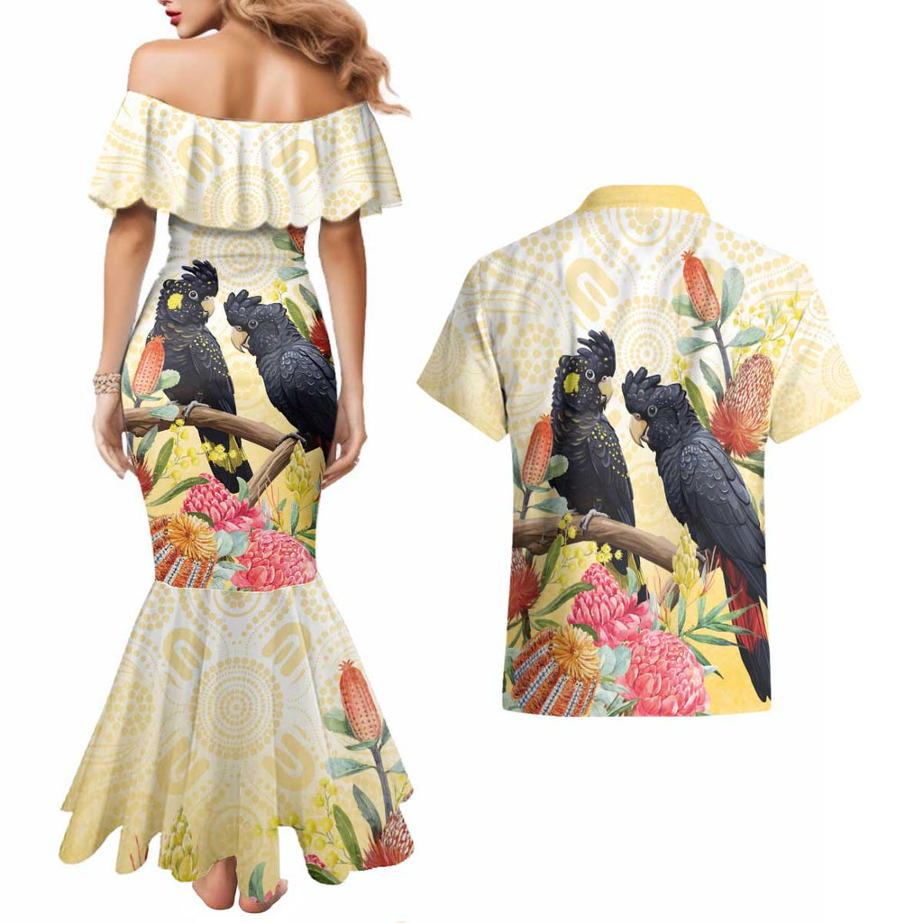 Black Cockatoo Banksia Australia Couples Matching Mermaid Dress and Hawaiian Shirt Aboriginal Art