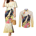 Black Cockatoo Banksia Australia Couples Matching Mermaid Dress and Long Sleeve Button Shirt Aboriginal Art
