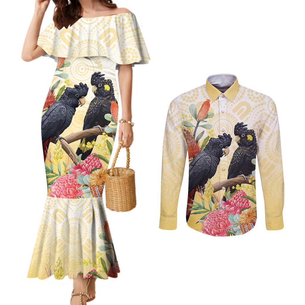 Black Cockatoo Banksia Australia Couples Matching Mermaid Dress and Long Sleeve Button Shirt Aboriginal Art