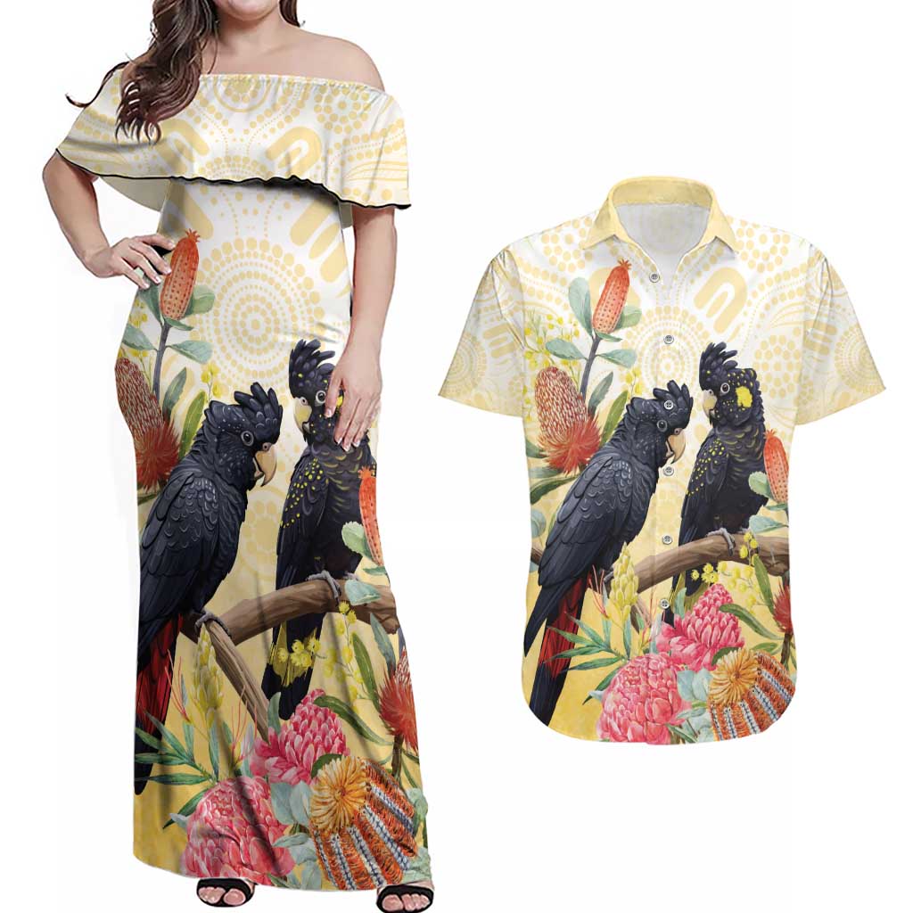 Black Cockatoo Banksia Australia Couples Matching Off Shoulder Maxi Dress and Hawaiian Shirt Aboriginal Art