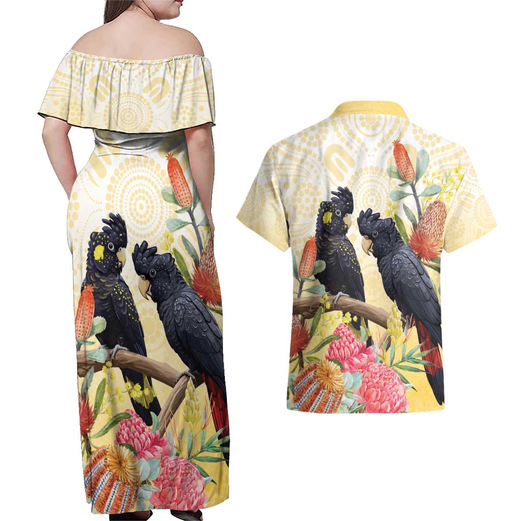 Black Cockatoo Banksia Australia Couples Matching Off Shoulder Maxi Dress and Hawaiian Shirt Aboriginal Art