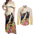 Black Cockatoo Banksia Australia Couples Matching Off Shoulder Maxi Dress and Long Sleeve Button Shirt Aboriginal Art