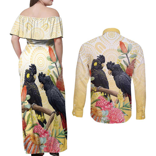 Black Cockatoo Banksia Australia Couples Matching Off Shoulder Maxi Dress and Long Sleeve Button Shirt Aboriginal Art