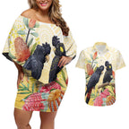 Black Cockatoo Banksia Australia Couples Matching Off Shoulder Short Dress and Hawaiian Shirt Aboriginal Art