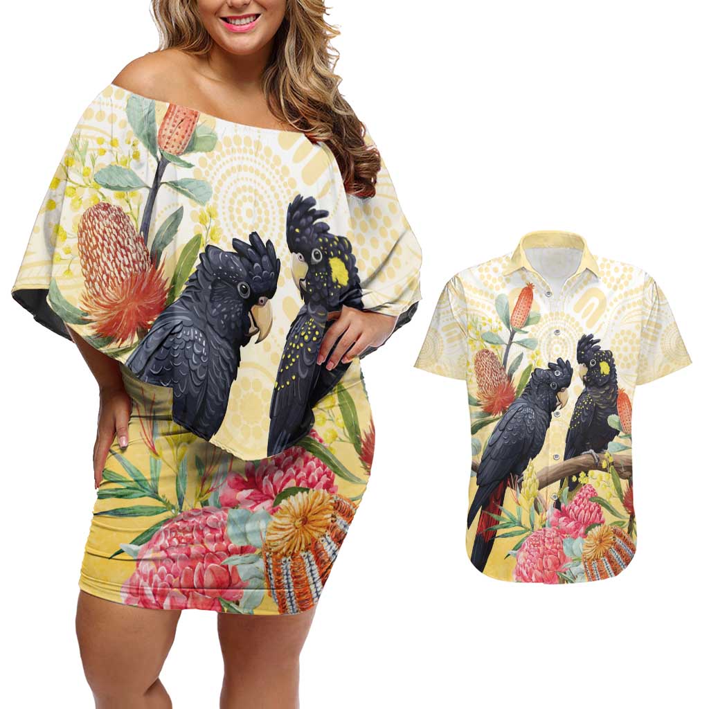 Black Cockatoo Banksia Australia Couples Matching Off Shoulder Short Dress and Hawaiian Shirt Aboriginal Art