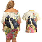 Black Cockatoo Banksia Australia Couples Matching Off Shoulder Short Dress and Hawaiian Shirt Aboriginal Art