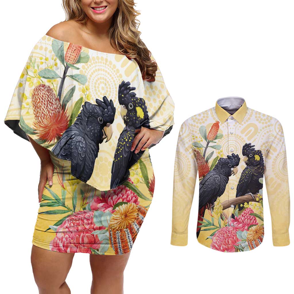 Black Cockatoo Banksia Australia Couples Matching Off Shoulder Short Dress and Long Sleeve Button Shirt Aboriginal Art