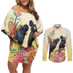 Black Cockatoo Banksia Australia Couples Matching Off Shoulder Short Dress and Long Sleeve Button Shirt Aboriginal Art