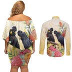 Black Cockatoo Banksia Australia Couples Matching Off Shoulder Short Dress and Long Sleeve Button Shirt Aboriginal Art