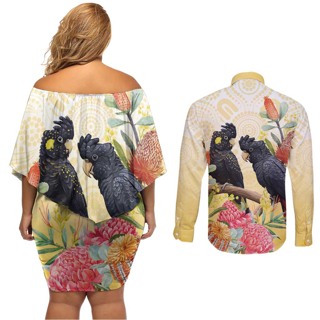 Black Cockatoo Banksia Australia Couples Matching Off Shoulder Short Dress and Long Sleeve Button Shirt Aboriginal Art