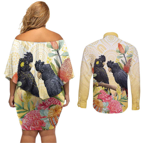 Black Cockatoo Banksia Australia Couples Matching Off Shoulder Short Dress and Long Sleeve Button Shirt Aboriginal Art