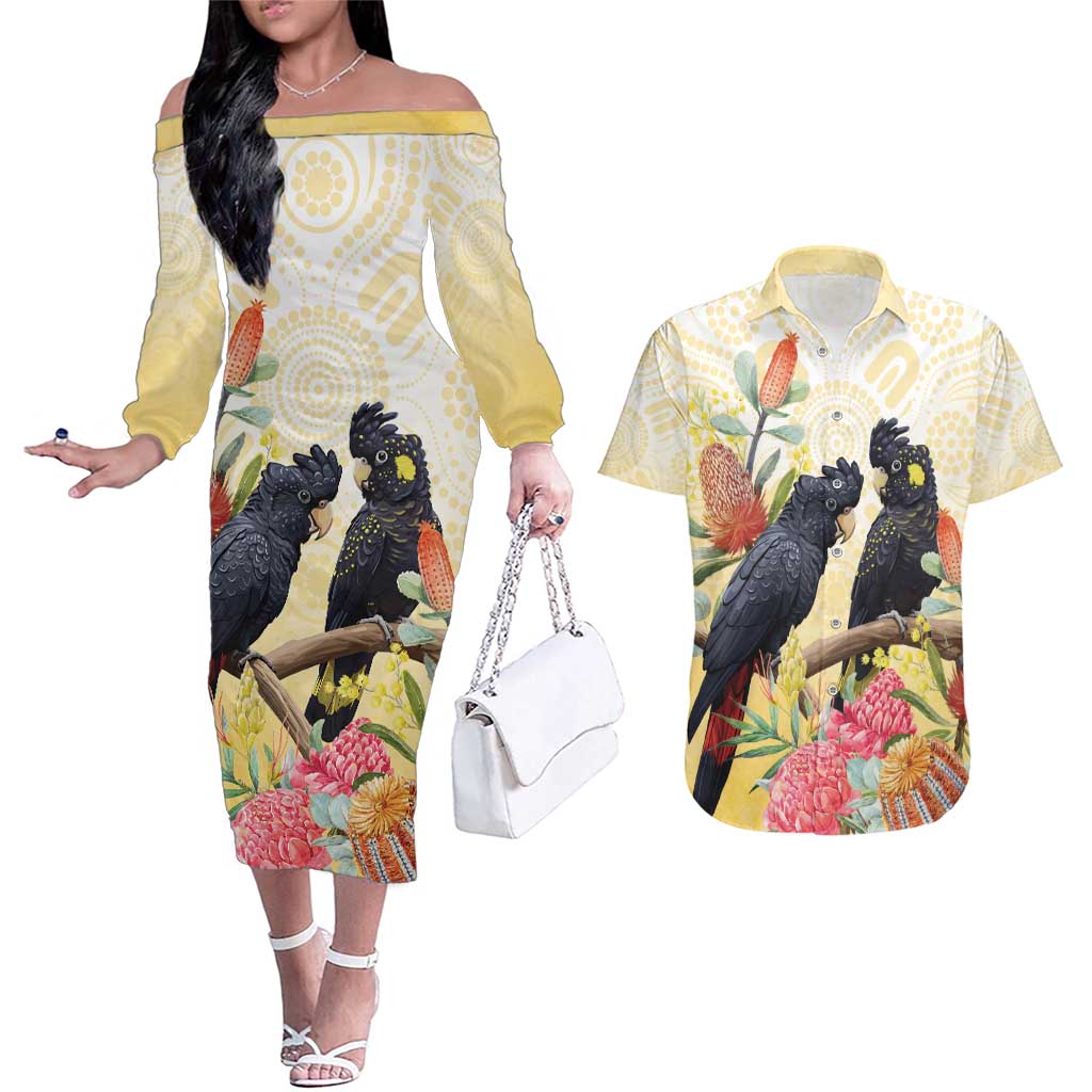 Black Cockatoo Banksia Australia Couples Matching Off The Shoulder Long Sleeve Dress and Hawaiian Shirt Aboriginal Art