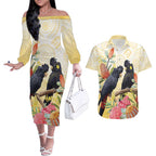 Black Cockatoo Banksia Australia Couples Matching Off The Shoulder Long Sleeve Dress and Hawaiian Shirt Aboriginal Art