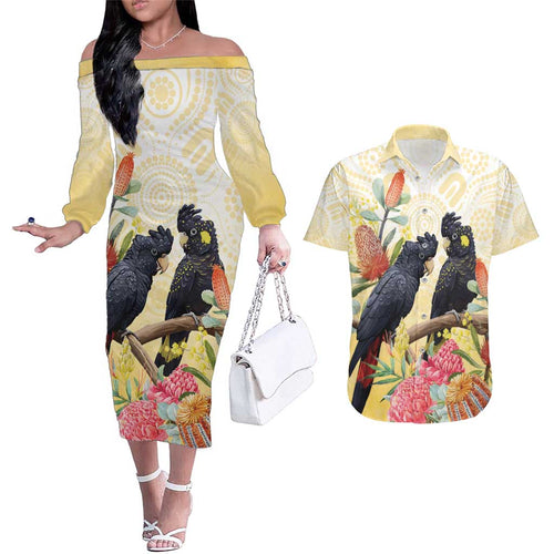 Black Cockatoo Banksia Australia Couples Matching Off The Shoulder Long Sleeve Dress and Hawaiian Shirt Aboriginal Art