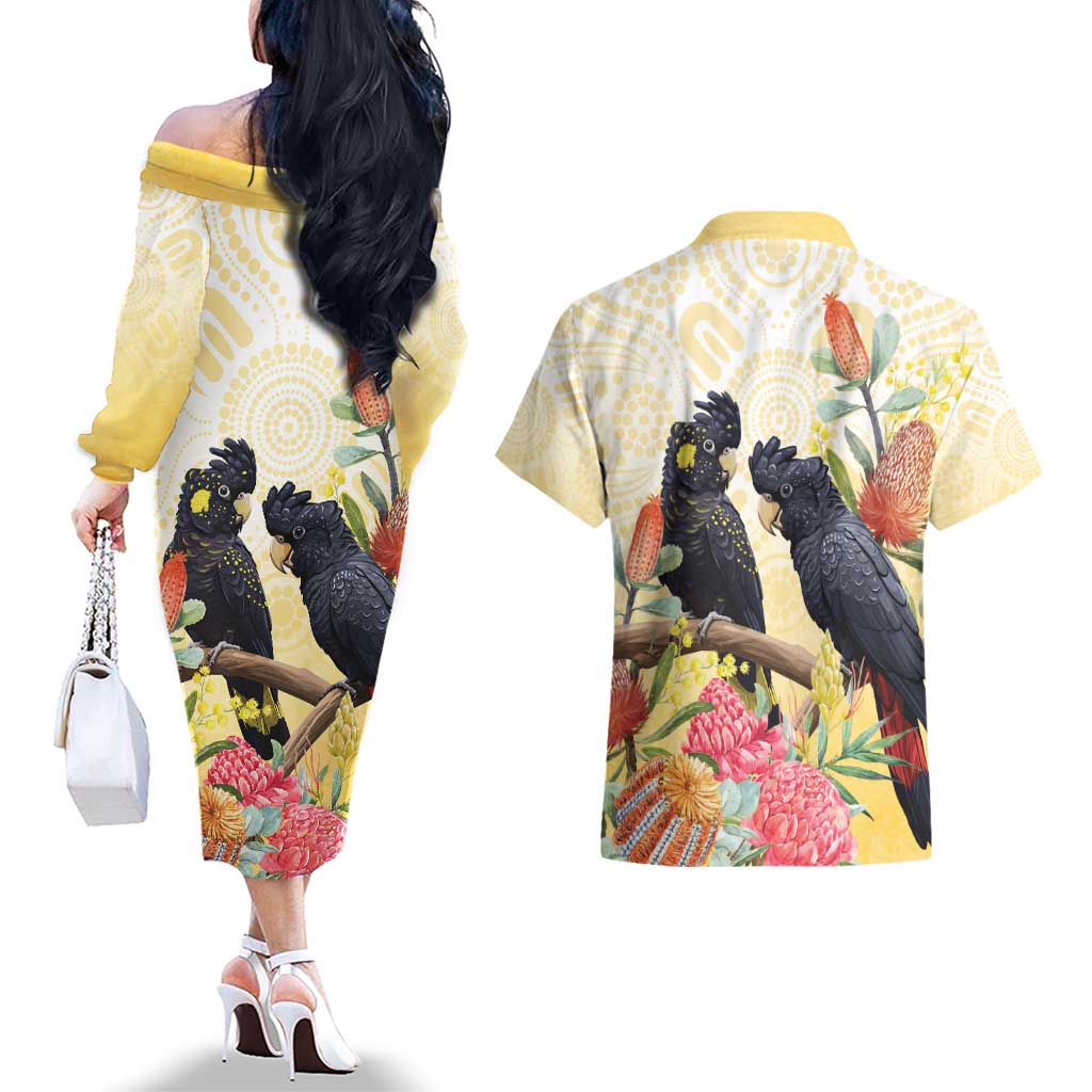 Black Cockatoo Banksia Australia Couples Matching Off The Shoulder Long Sleeve Dress and Hawaiian Shirt Aboriginal Art