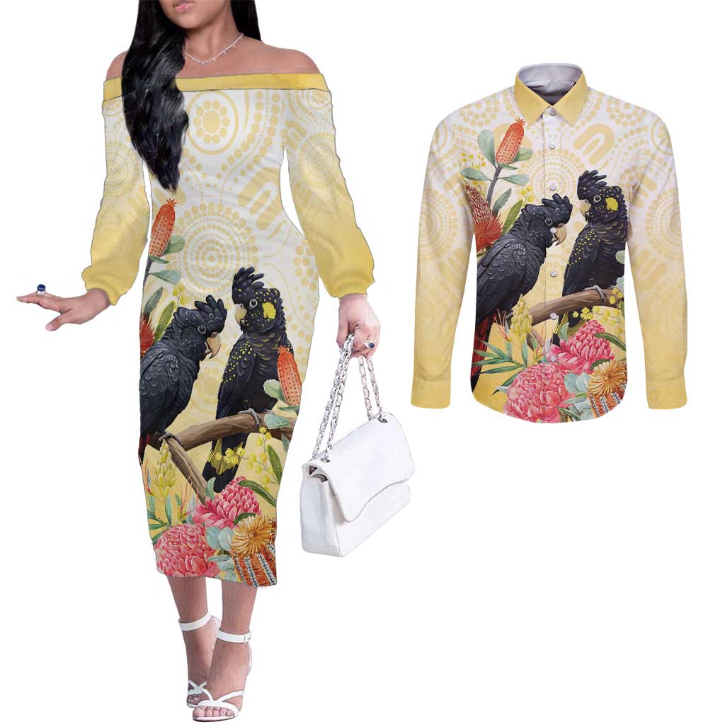 Black Cockatoo Banksia Australia Couples Matching Off The Shoulder Long Sleeve Dress and Long Sleeve Button Shirt Aboriginal Art