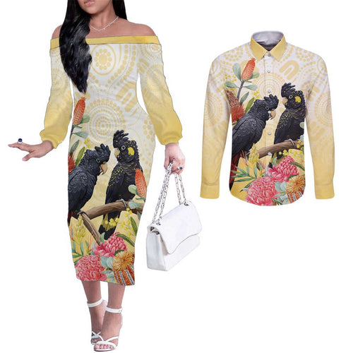 Black Cockatoo Banksia Australia Couples Matching Off The Shoulder Long Sleeve Dress and Long Sleeve Button Shirt Aboriginal Art