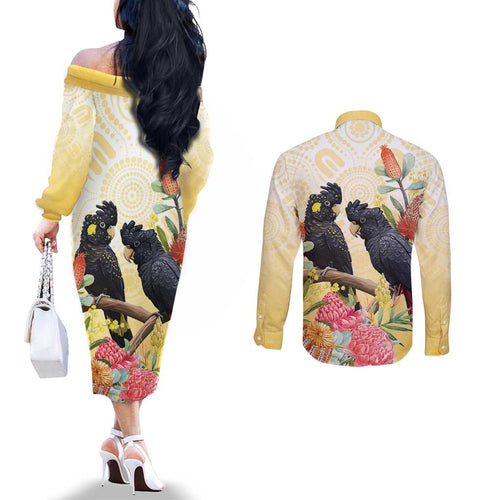 Black Cockatoo Banksia Australia Couples Matching Off The Shoulder Long Sleeve Dress and Long Sleeve Button Shirt Aboriginal Art