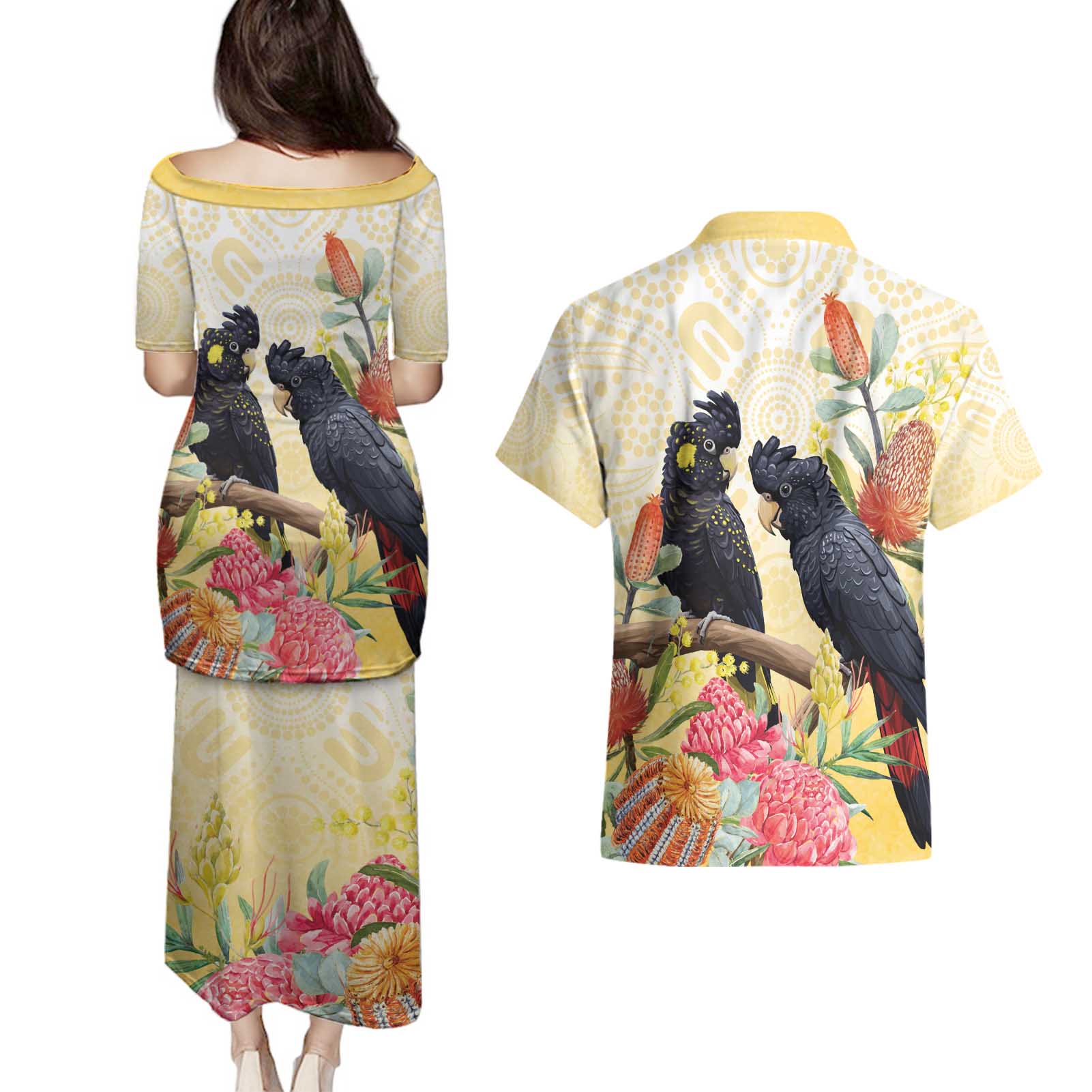 Black Cockatoo Banksia Australia Couples Matching Puletasi and Hawaiian Shirt Aboriginal Art