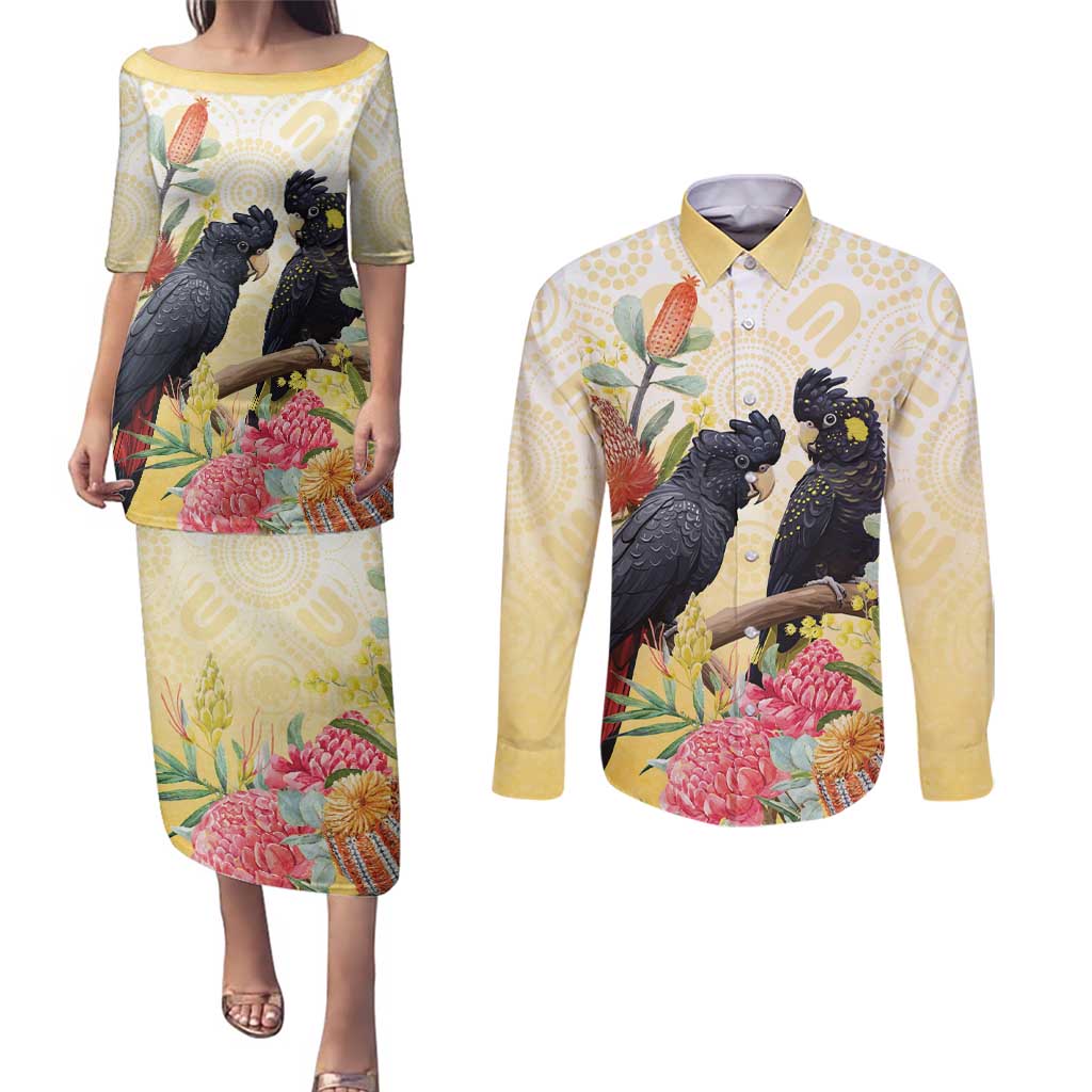 Black Cockatoo Banksia Australia Couples Matching Puletasi and Long Sleeve Button Shirt Aboriginal Art