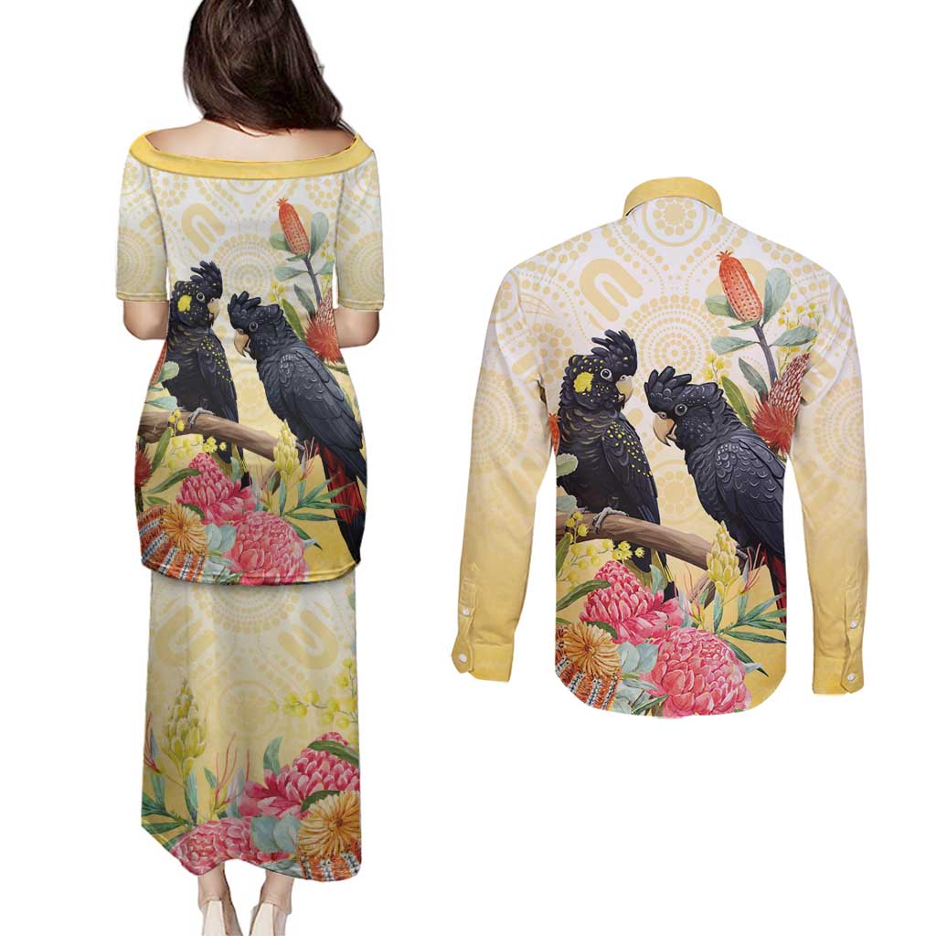 Black Cockatoo Banksia Australia Couples Matching Puletasi and Long Sleeve Button Shirt Aboriginal Art