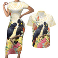 Black Cockatoo Banksia Australia Couples Matching Short Sleeve Bodycon Dress and Hawaiian Shirt Aboriginal Art