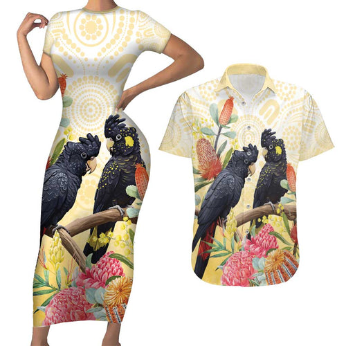 Black Cockatoo Banksia Australia Couples Matching Short Sleeve Bodycon Dress and Hawaiian Shirt Aboriginal Art