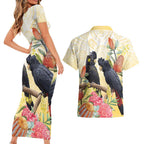 Black Cockatoo Banksia Australia Couples Matching Short Sleeve Bodycon Dress and Hawaiian Shirt Aboriginal Art