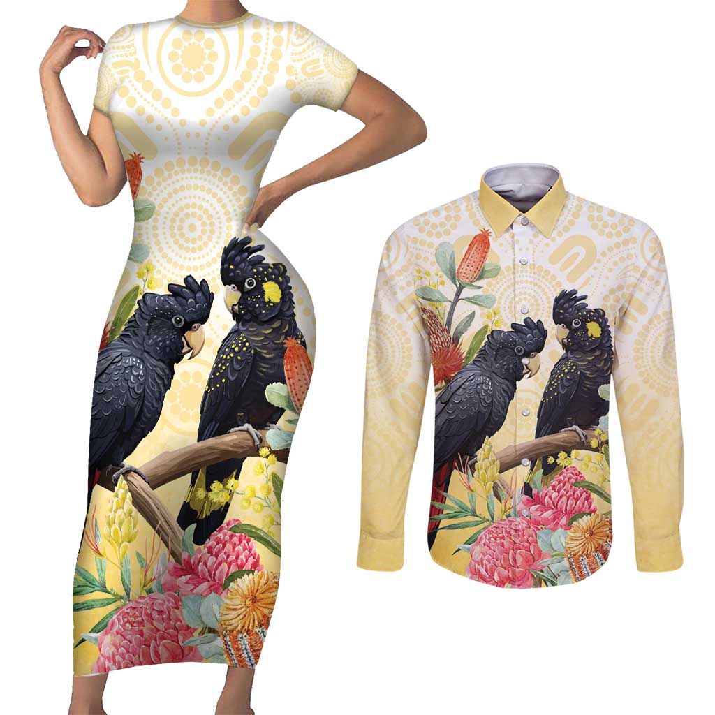 Black Cockatoo Banksia Australia Couples Matching Short Sleeve Bodycon Dress and Long Sleeve Button Shirt Aboriginal Art