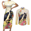 Black Cockatoo Banksia Australia Couples Matching Short Sleeve Bodycon Dress and Long Sleeve Button Shirt Aboriginal Art