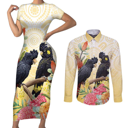 Black Cockatoo Banksia Australia Couples Matching Short Sleeve Bodycon Dress and Long Sleeve Button Shirt Aboriginal Art